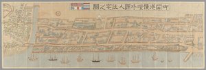 Topographische Ansicht der ausländischen Siedlung in Yokohama nach der Öffnung der Vertragshäfen im Jahr 1859, die einzelne Grundstücke zeigt, die von benannten britischen, amerikanischen, niederländischen und portugiesischen Unternehmen und Haushalten be