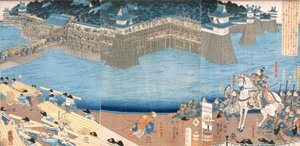 Triptychon zeigt eine Festung, die am Fluss Kunigos gebaut wird, Edo-Periode 1603-1868 von Japanese School