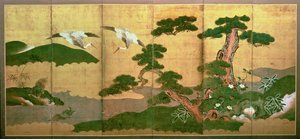 Zwei Kraniche tauchen hinter Kiefer und Felsen, Edo-Periode von Japanese School