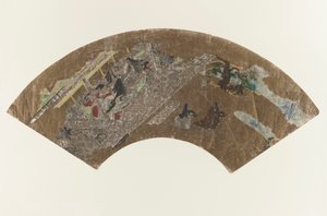 Ohne Titel - fächerförmiges Gemälde von Damen, die in einem Pavillon ein Spiel spielen, 1603-1868 von Japanese School