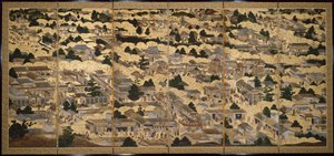 Ansichten in und um Kyoto (Rakuchu rakugai zu), ca. 1616-24 (Tinte, Farbe & Goldblatt auf Papier) von Japanese School