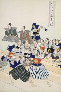 Warlord beobachtet Samurai beim Schwertkampftraining, Detail zeigt Lehrer und Schüler, aus einem Album von Holzschnitten des 19. Jahrhunderts