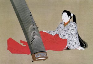 Frau spielt Koto, reproduziert in der Zeitschrift The Kokka, ca. 1896-97 von Japanese School