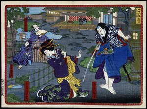 Frau im Kimono und Samurai - in „Die Rache der 47 Ronins“ 19. Jahrhundert: Kabuki-Serie von Japanese School