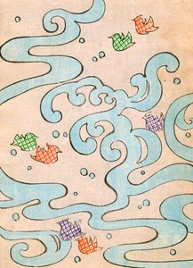 Farbholzschnitt von stilisierten Vögeln, die über Wasser fliegen von Japanese School