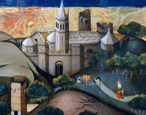 Landschaft mit der Bischofskirche, Detail aus der Flucht nach Ägypten, Altarbild aus Verdu von Jaume Ferrer