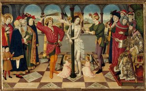 Die Geißelung Christi vor Pontius Pilatus. Detrempe auf Holz von Jaume Huguet dem Älteren