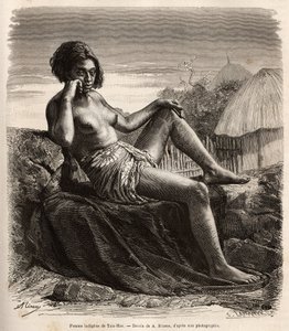 Eingeborene Frau von Taio-Hae (oder Taio Hae), im Archipel der Marquesas, zeigt lässig ihre tätowierten Beine, Gravur nach einer Zeichnung von A. Rixens, die die Erinnerungen des Pazifiks, 1872-1874, von A. Pailhes, einem Schiffssignal, illustriert, veröff
