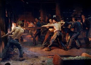 Arbeiter in einer Metallhütte, Gemälde von Jean Rixens