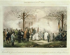 Das Begräbnis von Louis-Alexandre Dechet (Jenneval) (1801-30) und seiner Gefährten, die auf dem Feld der Ehre starben, 24. Oktober 1830, graviert von Dewasme-Pletinckx von Jean Baptiste (after) Madou