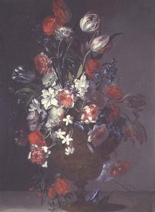 Tulpen, Rosen und andere Blumen in einer Vase auf einem Sims von Jean Baptiste (follower of) Monnoyer