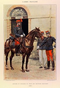 Typen und Uniformen der französischen Armee von Hauptmann Jules Richard, illustriert von Edouard Detaille: Offizier und Reiter der Militärzüge 1887 von Jean Baptiste Edouard Detaille
