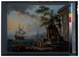 Türkische Händler in einem Mittelmeerhafen bei Sonnenaufgang von Jean Baptiste Lallemand