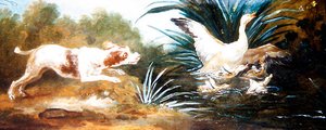 Landschaft mit einem Hund, der Enten jagt
