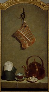 Stillleben mit Fleischstück, Zuckerbrot, Kupferkessel und Tasse