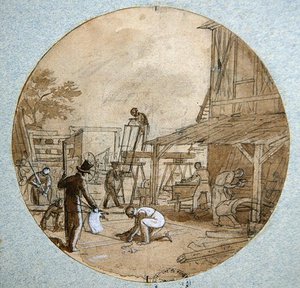 Die Werkstatt des Zimmermanns, Plattendesign für ein Service, das verschiedene Berufe darstellt, ca. 1820-35