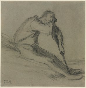 Sitzender Bauer, der sich auf eine Hacke stützt von Jean-Francois Millet