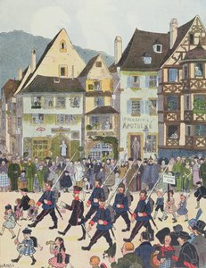 Herr Forstner verlässt Saverne mit seinen Soldaten nach dem Kauf von Schokolade im Jahr 1913, Illustration aus 
