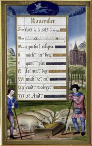 November und Zeichen des Schützen: Schweinezucht - Faksimile der Stunden der Anne de Bretagne, von Jean Bourdichon von Jean (after) Bourdichon