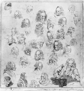 Verschiedene Melodien in 30 Voltaire-Köpfen. Porträts von François Marie Arouet, genannt Voltaire (1694-1778) "verschiedene Physiognomien von Voltaire". Radierung zugeschrieben Dominique Vivant-Denon nach Jean Huber. Musée Carnavalet von Jean (after) Huber