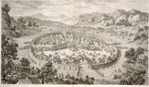 Tchao-Hoei beschäftigt seine Truppen mit Übungen und Militärspielen im Jahr 1758, Tafel 5 aus einer Serie von Drucken, die die Eroberungen von Qianlong, dem Kaiser von China, darstellen, graviert von Pierre Philippe Choffard 1772
