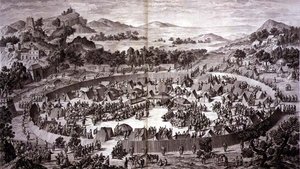 Tchao-Hoei in seinem Lager unterhalb der Mauern von Yerechim empfängt die Huldigung der Einwohner der Stadt und Provinz im Juli 1759, Tafel 4 aus der Serie von Drucken, die die Eroberungen von Qianlong, dem Kaiser von China, darstellen, gestochen von Pierr