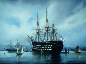 Ein englisches Kriegsschiff vor Anker in einem Hafen von Jean Altamura
