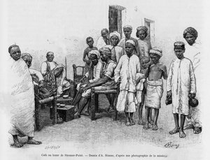 Café am Steamer Point Bazaar, Aden, Jemen. Gravur von A. Rixens zur Illustration der Geschichte „A Suse, journal des excavilles“.