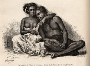 Der junge König von Vaitatu, auf der Insel Tauata, im Archipel der Marquesas-Inseln, umarmt seine Frau, graviert nach einer Zeichnung von A. Rixens zur Illustration der Erinnerungen an den Pazifik, 1872-1874, von A. Pailhes, einem Schiffsoffizier