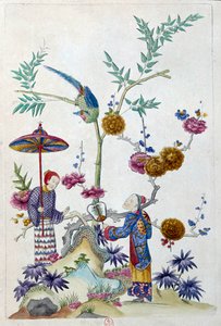 Zeichnung von einer chinesischen Vase: Paar im Garten