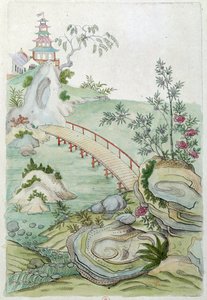 Zeichnung von einer chinesischen Vase: Landschaft mit Brücke