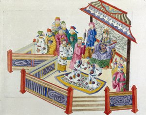 Szene vor dem Herrn. Zeichnung von einer chinesischen Vase
