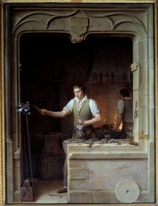 Ein Schlosser versucht, seine Feile einem Eichelhäher zu beißen. Illustration für Jean de La Fontaines Fabeln