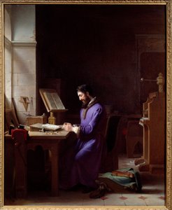 Johannes Gensfleisch Gutenberg (1400-1468) erfindet die Druckerpresse. Der deutsche Drucker stellt in seinem Büro Schriftzeichen her. Gemälde von Jean Antoine Laurent (1763-1832) 1830 Grenoble, Musée des Beaux Arts