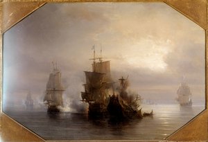 Seekampf des Ritters Marc-Antoine de Saint-Pol Hecourt (1665-31. Oktober 1705), 31.10.1705. Er gab der nahegelegenen Stadt Saint-Pol-sur-Mer (Saint Paul sur mer) seinen Namen. Gemälde von Théodore Gudin (1802-1880) 19. Jahrhundert. Paris, Musée de la Marin von Jean Antoine Theodore Gudin