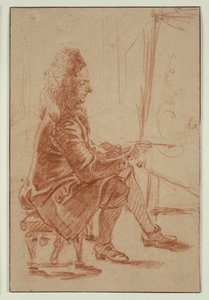 Ein Perückenträger (möglicherweise Claude Audran), am Staffelei sitzend, im Profil gesehen von Jean Antoine Watteau