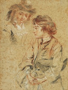 Ein sitzender junger Mann, dreiviertel Länge, hält seinen Hut, ca. 1717 von Jean Antoine Watteau