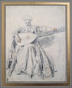 Ein Lautenspieler. Zeichnung mit Bleistift und Blut von Jean Antoine Watteau (1684-1721). 18. Jahrhundert. Chantilly, Musée Condé von Jean Antoine Watteau