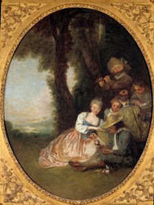 Ländliches Konzert oder „Die erwartete Erklärung“. Junges Liebespaar errötet von Jean Antoine Watteau