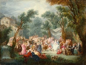 Elegante Gesellschaft im Freien mit der Ankunft des Brautpaares von Jean Antoine Watteau
