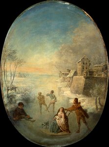 Edelleute auf dem Eis bei einer ummauerten Stadt im Winter von Jean Antoine Watteau