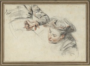 Männerkopf mit Barett und einer Hand an einem Griff von Jean Antoine Watteau