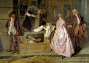 Paketvorbereitung. Linkes Detail des Zeichens von Gersaint. Männer packen Gemälde aus und legen sie in einen Koffer, um sie an Kunden zu senden, die die Werke gerade gekauft haben. von Jean Antoine Watteau