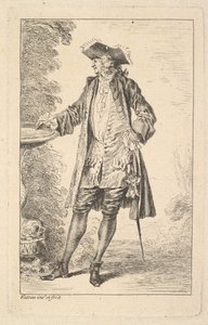 Stehender Mann mit seiner rechten Hand auf einem Becken ruhend, in Dreiviertelansicht, ca. 1710 von Jean Antoine Watteau