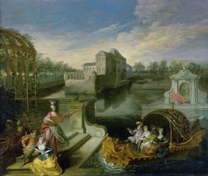 Der Frühling: Fete Champetre in einem Wassergarten mit Figuren in einem Boot