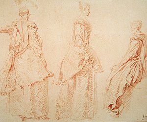 Drei Frauen, eine sitzt rechts von Jean Antoine Watteau