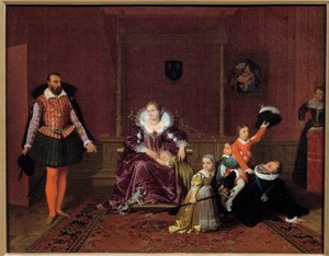 König von Frankreich Heinrich IV. (1553-1610) spielt mit seinen Kindern vor dem spanischen Botschafter. In der Mitte Königin Maria von Medici, die Kinder sind Ludwig XIII., Elisabeth von Frankreich, Christine von Frankreich und Nicolas. Gemälde von Jean Au von Jean Auguste Dominique Ingres