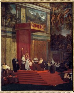 Papst Pius VII. (1742 - 1823), Papst von 1800 bis 1823, hält eine Messe in der Sixtinischen Kapelle des Vatikans. Gemälde von Jean Auguste Dominique Ingres (1780-1867). von Jean Auguste Dominique Ingres