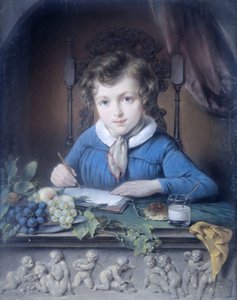 Porträt eines Jungen, sitzend in einer Fensternische und gekleidet in einer blauen Jacke von Jean Augustin Daiwaille (attributed to)