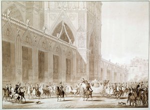 Die Ankunft von Kaiser Napoleon I. (1769-1821) und Kaiserin Josephine de Beauharnais (1763-1814) in der Kathedrale Notre Dame de Paris am Tag der Krönung. Druck nach 